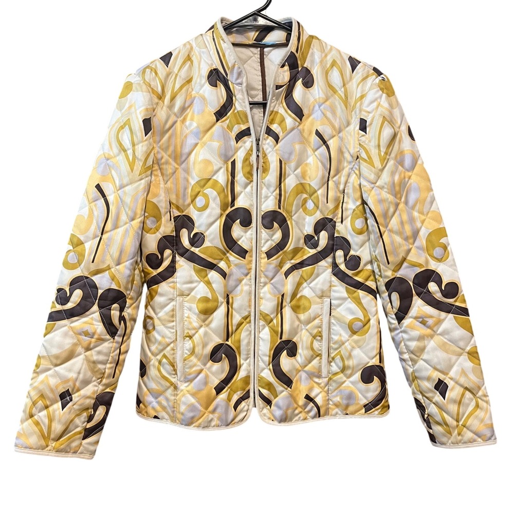J. McLaughlin Quilted Jacket XS Silk Blend Abstract Pattern Brown Yellow